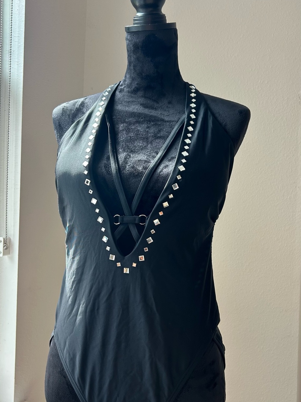 NWOT Black Plunging Halter One-Piece Swimsuit - Square Diamond Studs - L